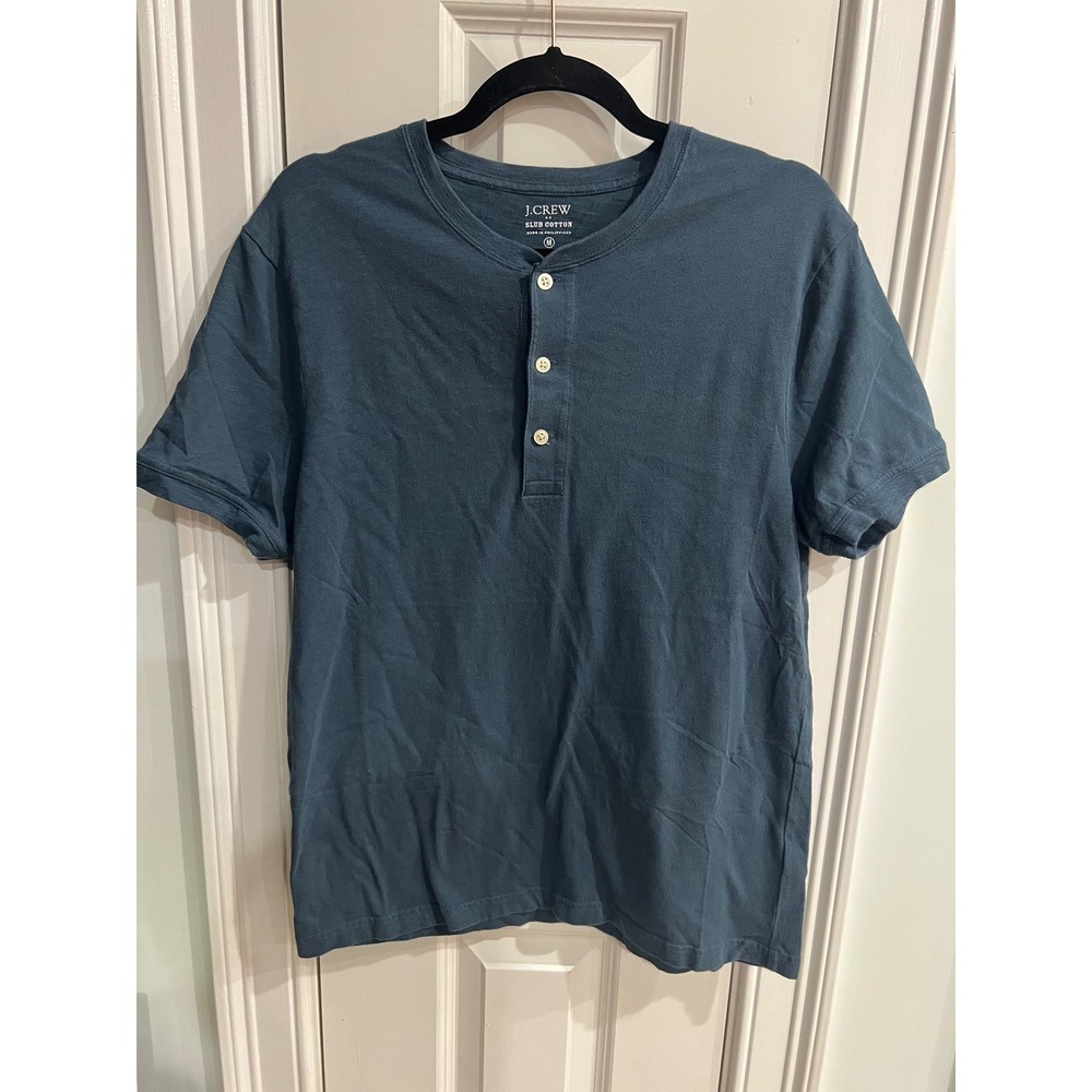 J.Crew Mens Slub Cotton Henley Shirt Short Sleeve Blue Medium